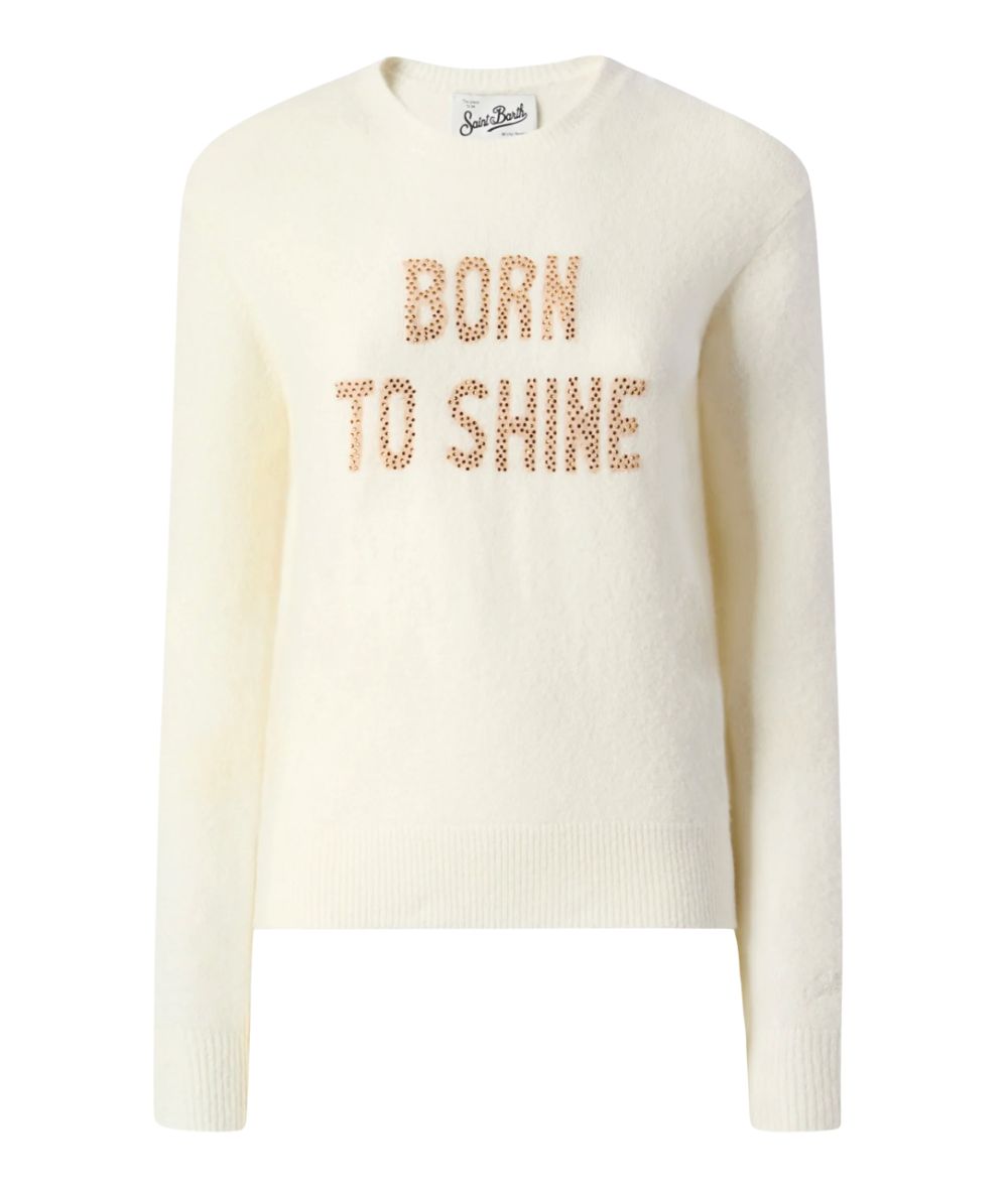 MC2 Saint Barth Maglione Mahair con Scritta Strass NEW QUEEN ALPACA Beige