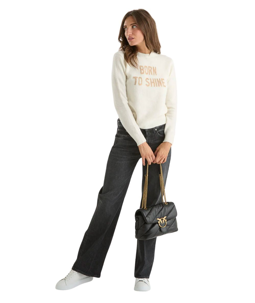 MC2 Saint Barth Maglione Mahair con Scritta Strass NEW QUEEN ALPACA Beige