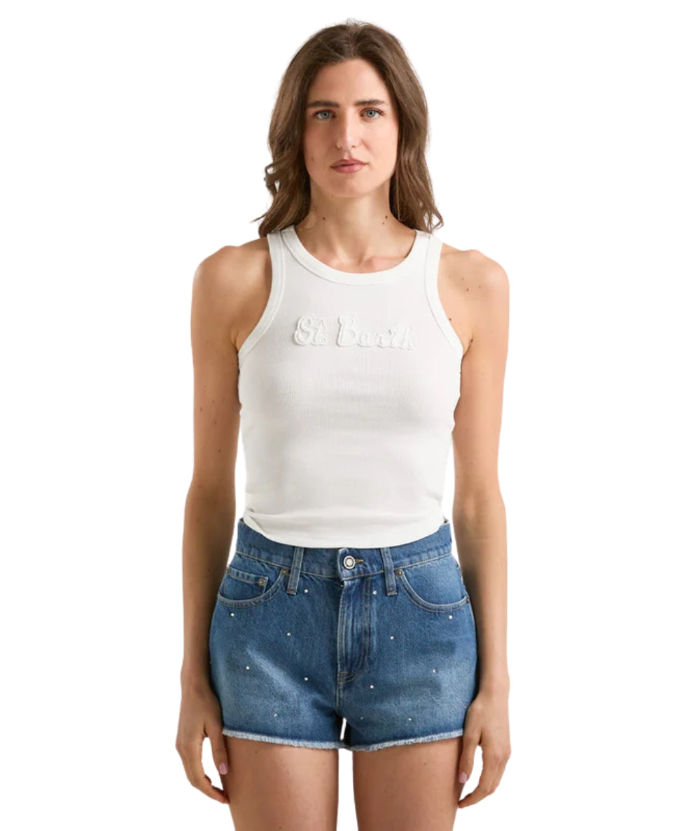 MC2 Saint Barth Canotta in Cotone con Patch Logo Ada AAD001 Bianco