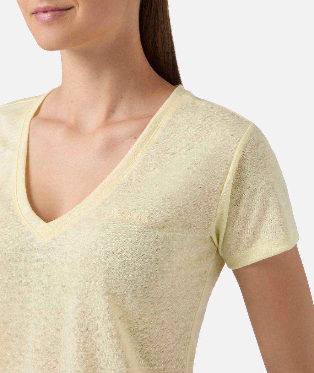 MC2 Saint Barth T-shirt Scollo a V in Lino Eloise ELOI001 Giallo