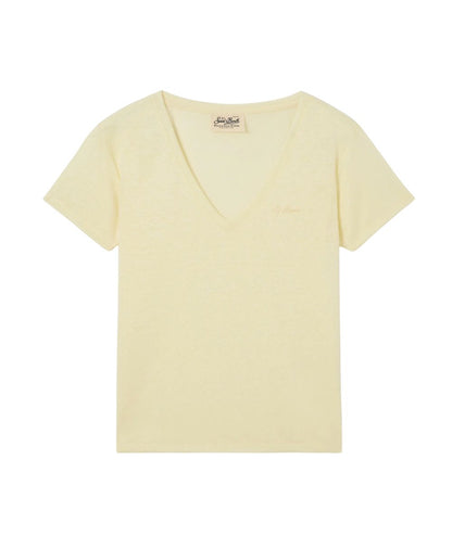 MC2 Saint Barth T-shirt Scollo a V in Lino Eloise ELOI001 Giallo