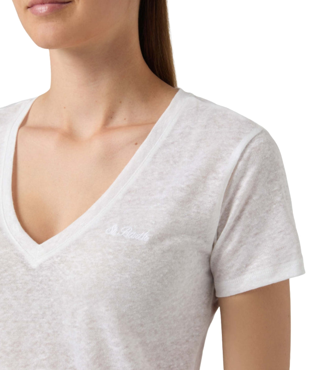 MC2 Saint Barth T-shirt con Scollo a V in Lino Eloise ELOI001 Bianco