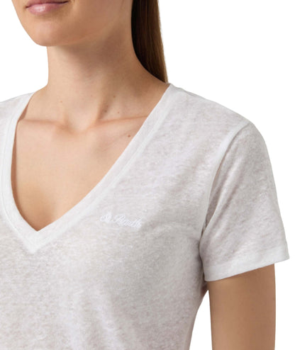 MC2 Saint Barth T-shirt con Scollo a V in Lino Eloise ELOI001 Bianco