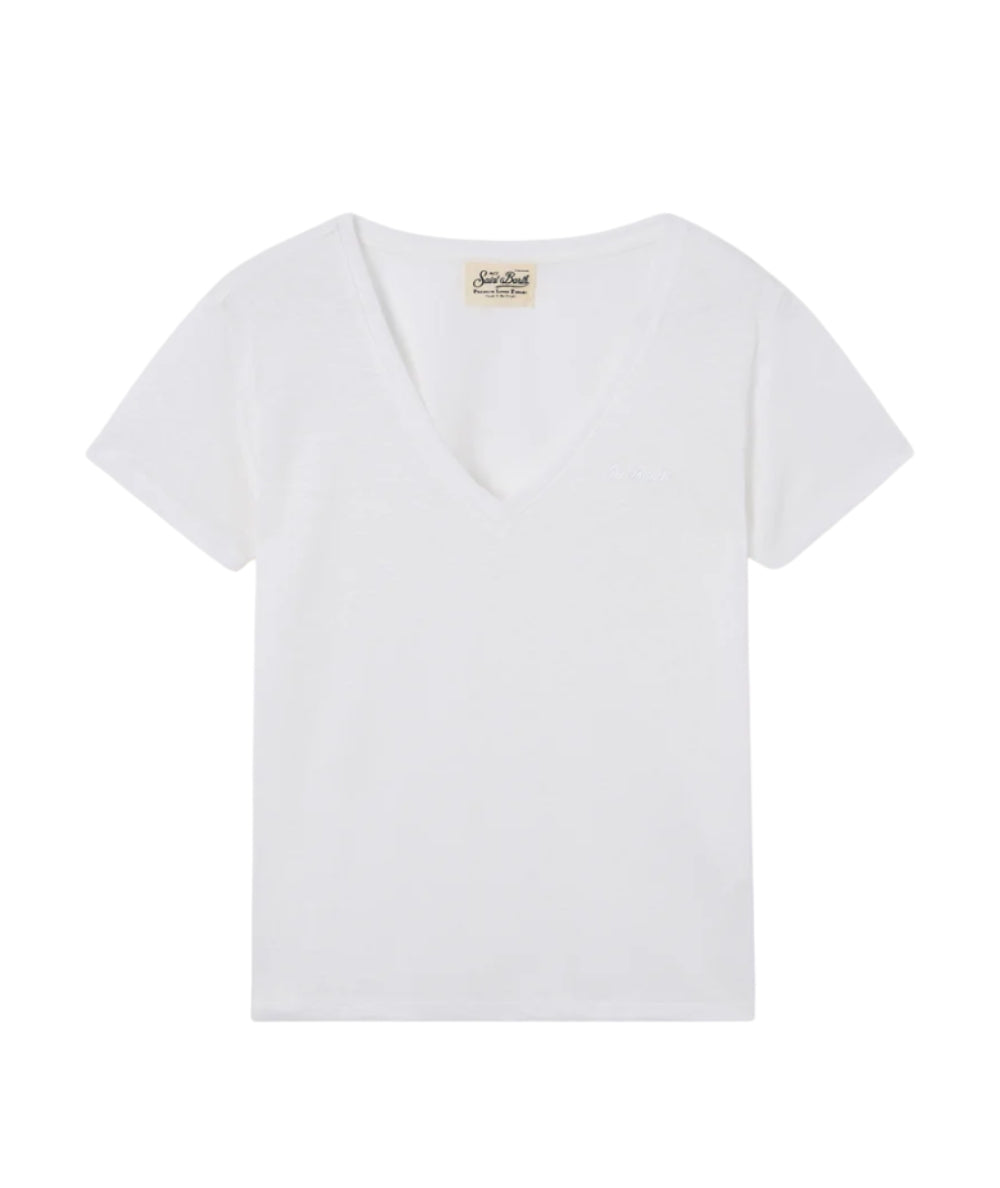 MC2 Saint Barth T-shirt con Scollo a V in Lino Eloise ELOI001 Bianco 