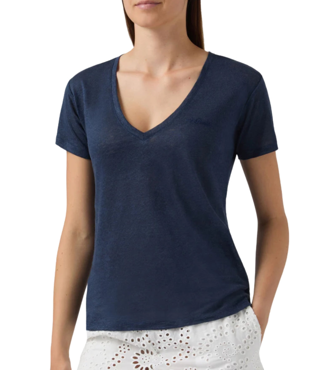 MC2 Saint Barth T-shirt con Scollo a V in Lino Eloise ELOI001 Blu