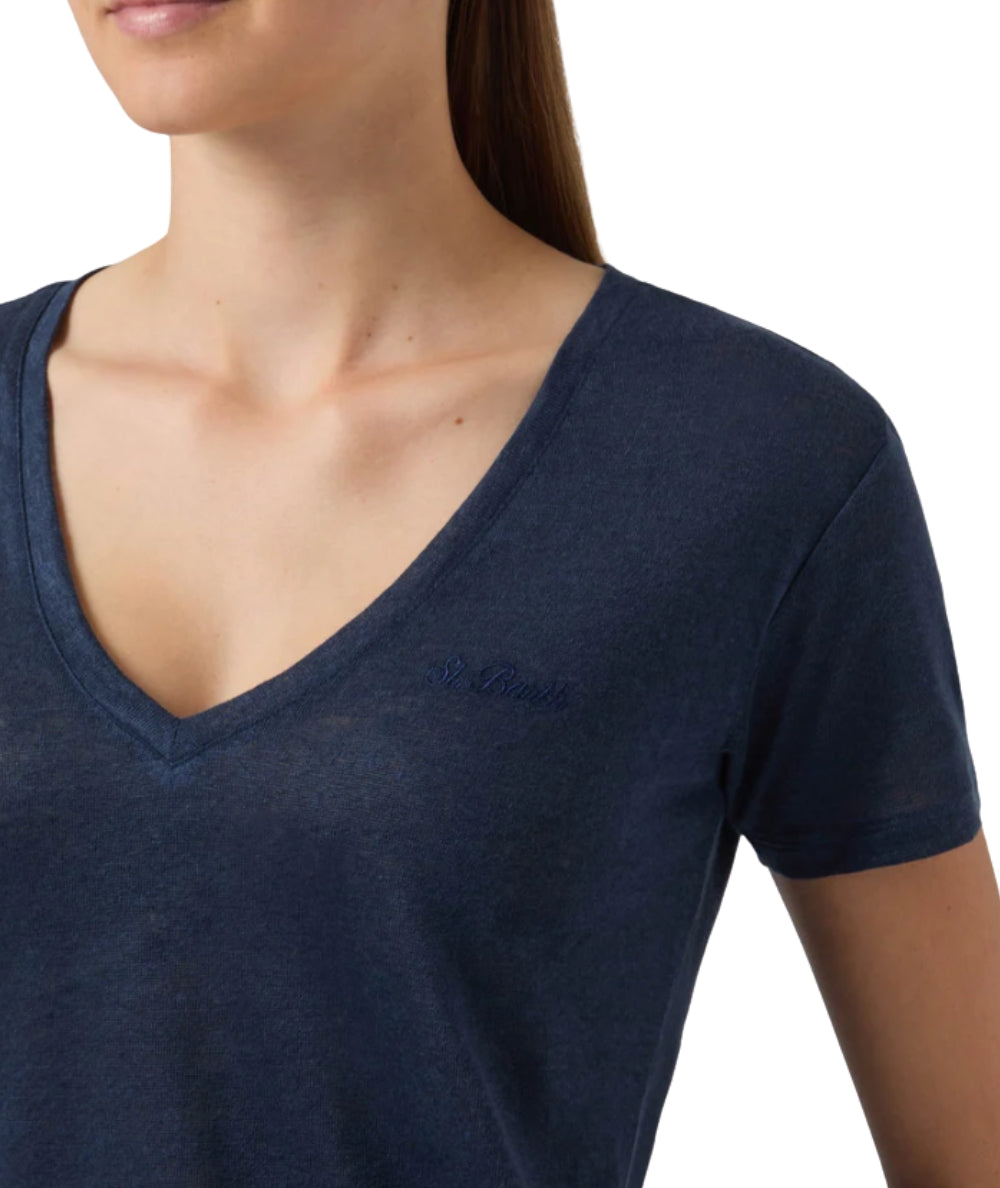 MC2 Saint Barth T-shirt con Scollo a V in Lino Eloise ELOI001 Blu