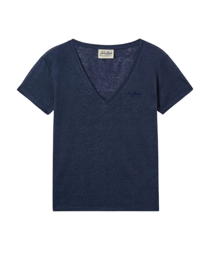 MC2 Saint Barth T-shirt con Scollo a V in Lino Eloise ELOI001 Blu