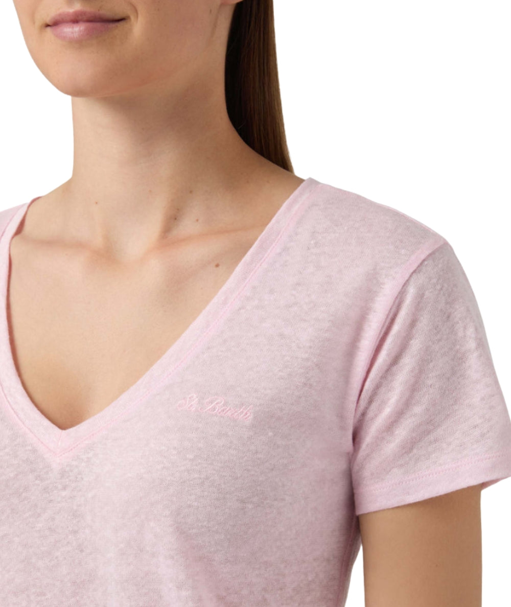 MC2 Saint Barth T-shirt con Scollo a V in Lino Eloise ELOI001 Rosa