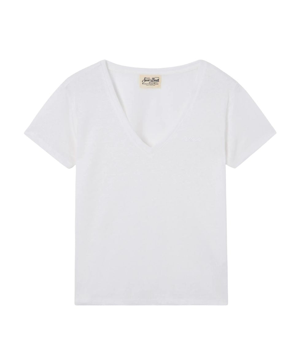 MC2 Saint Barth T-shirt in Lino con Scollo a V Eloise ELOI001 Bianco