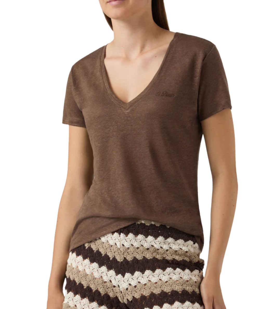 MC2 Saint Barth T-shirt in Lino con Scollo a V Eloise ELOI001 Marrone