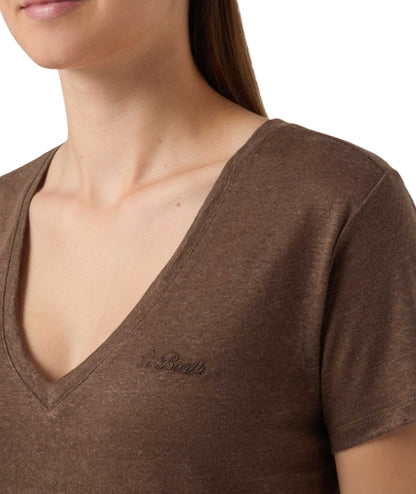 MC2 Saint Barth T-shirt in Lino con Scollo a V Eloise ELOI001 Marrone