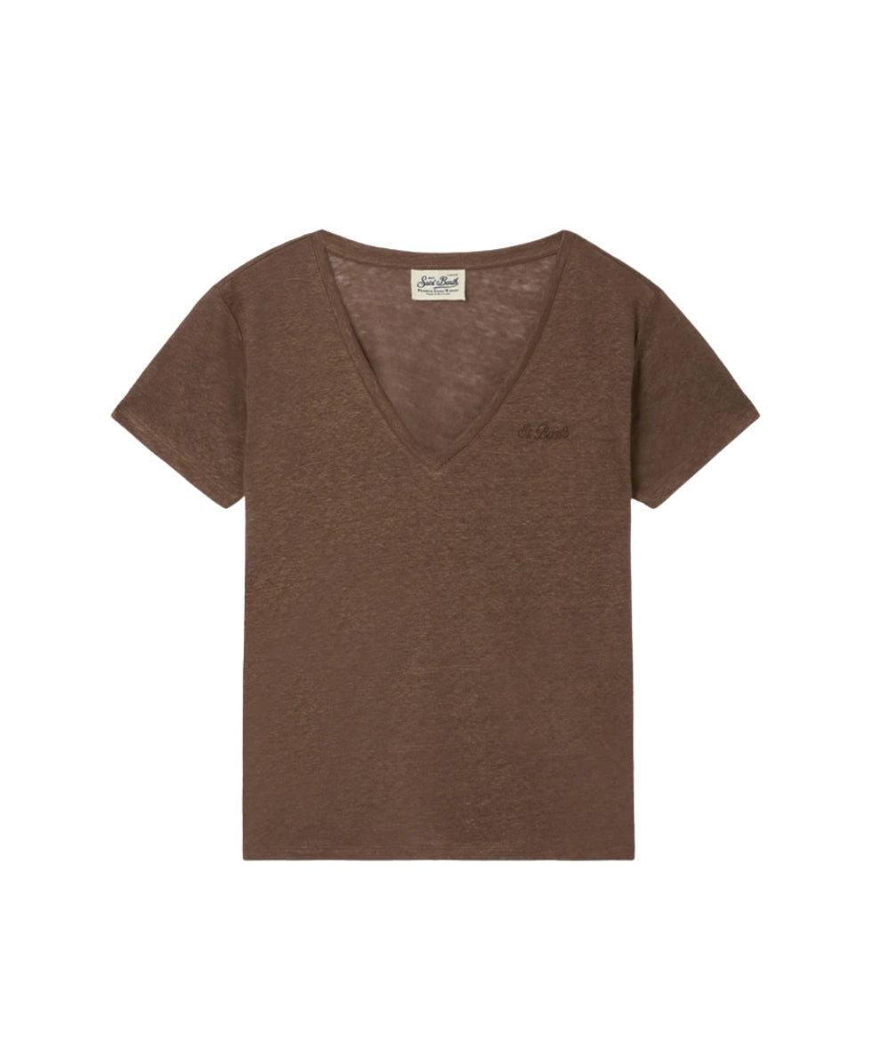 MC2 Saint Barth T-shirt in Lino con Scollo a V Eloise ELOI001 Marrone
