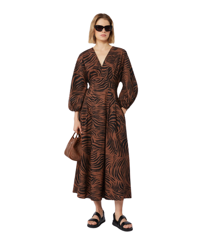 Max Mara Studio Abito Lungo in Cotone con Scollo a V Astice Marrone Nero