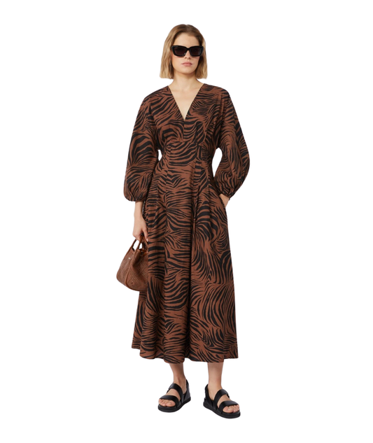 Max Mara Studio Abito Lungo in Cotone con Scollo a V Astice Marrone Nero