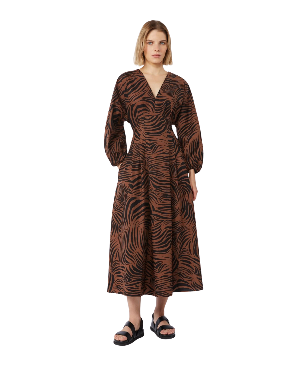 Max Mara Studio Abito Lungo in Cotone con Scollo a V Astice Marrone Nero