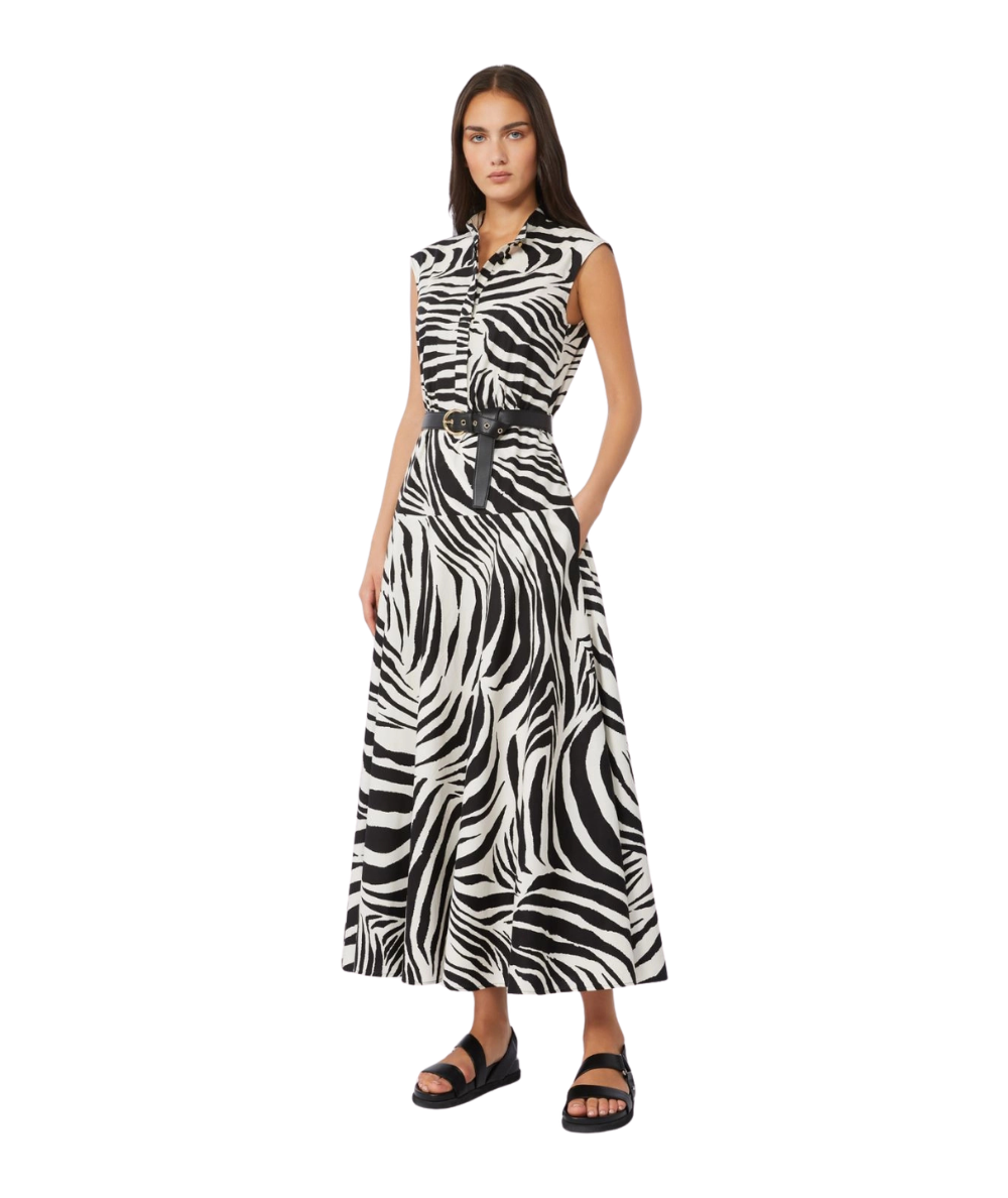 Max Mara Studio Abito Smanicato in Cotone con Fantasia Zebrata West Bianco Nero