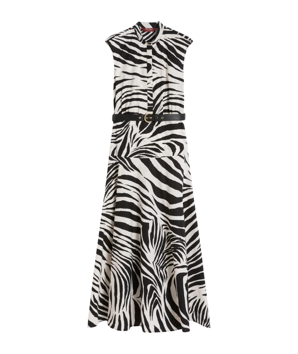 Max Mara Studio Abito Smanicato in Cotone con Fantasia Zebrata West Bianco Nero