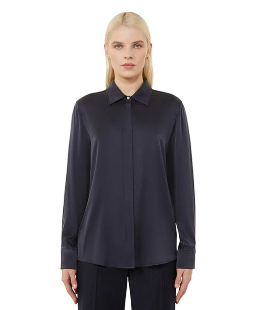 Max Mara Studio Camicia in Raso di Seta XERO Blu Scuro
