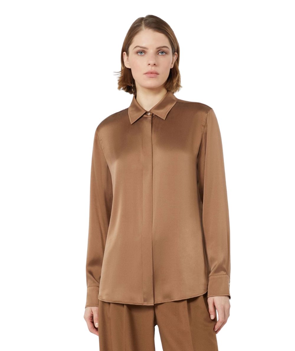 Max Mara Studio Camicia in Raso di Seta XERO Marrone Nocciola