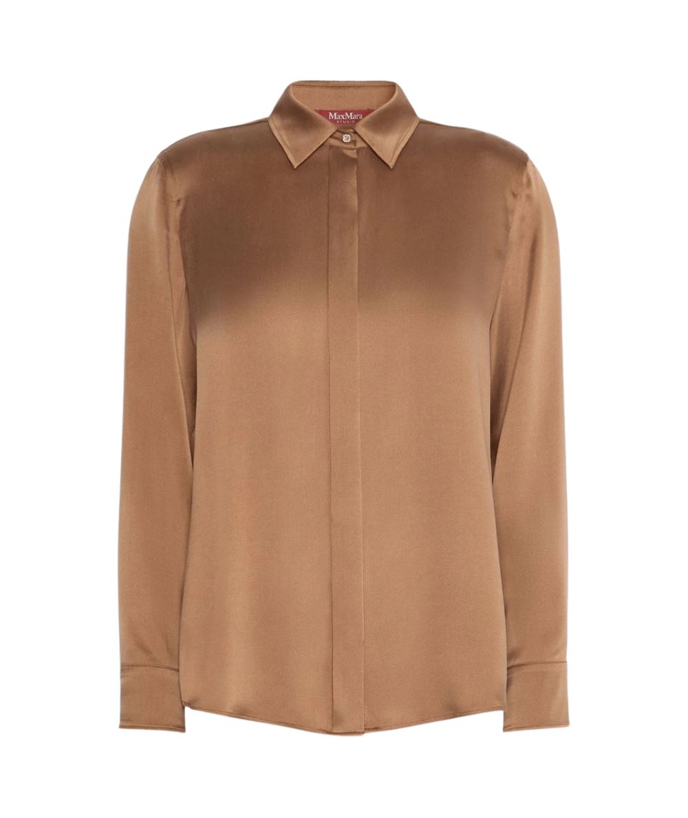Max Mara Studio Camicia in Raso di Seta XERO Marrone Nocciola