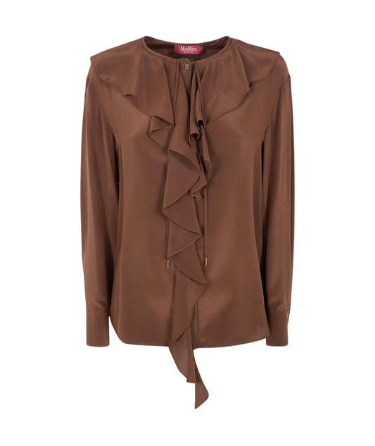 Max Mara Studio Camicia in Seta con Volant sul Davanti EPICA Marrone