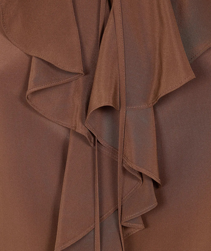 Max Mara Studio Camicia in Seta con Volant sul Davanti EPICA Marrone