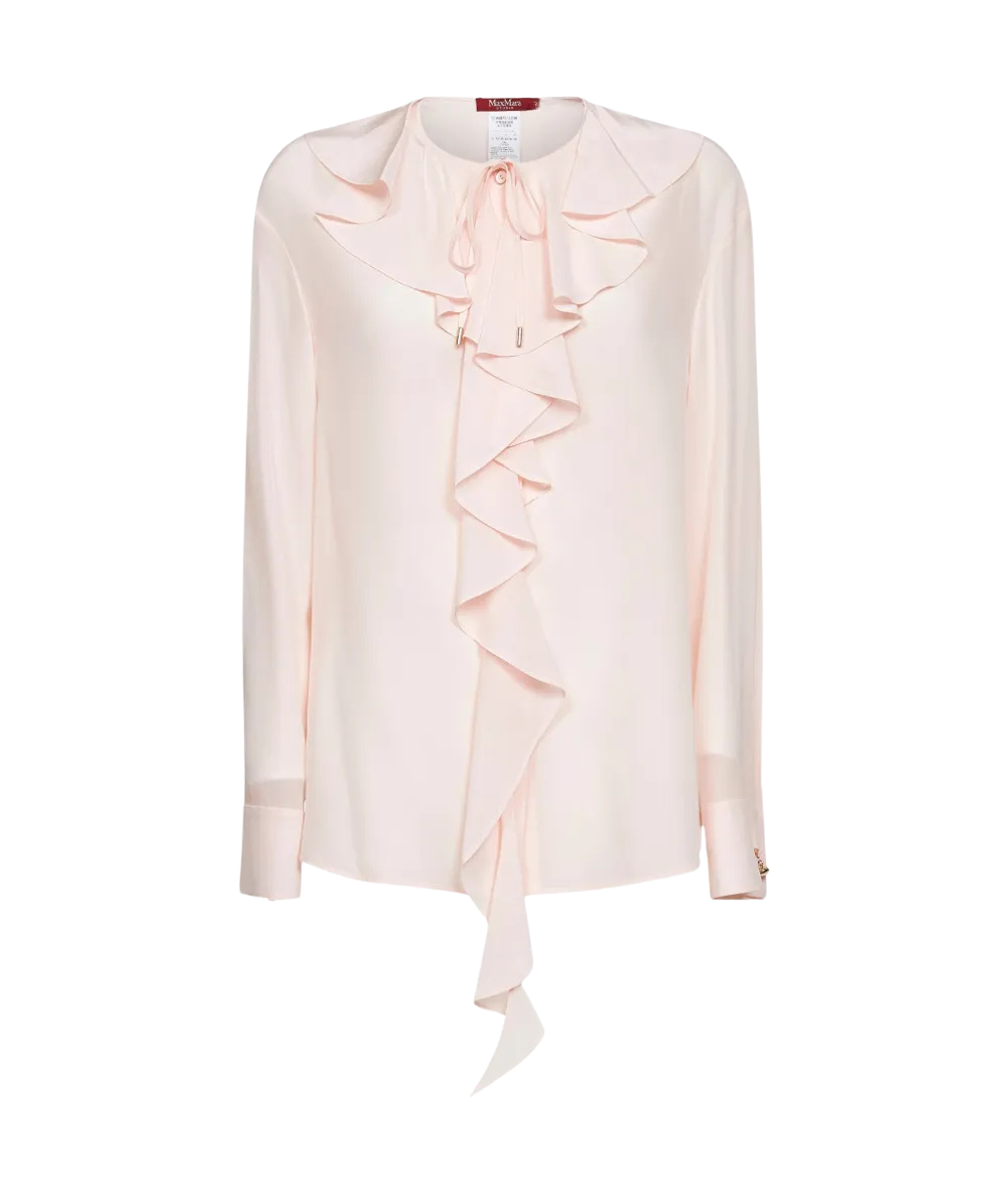 Max Mara Studio Camicia in Seta con Volant sul Davanti Epica Rosa