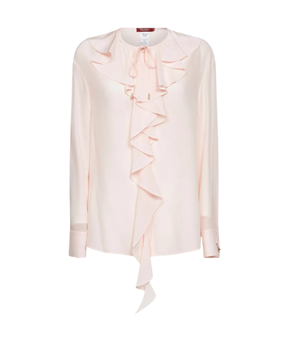 Max Mara Studio Camicia in Seta con Volant sul Davanti Epica Rosa