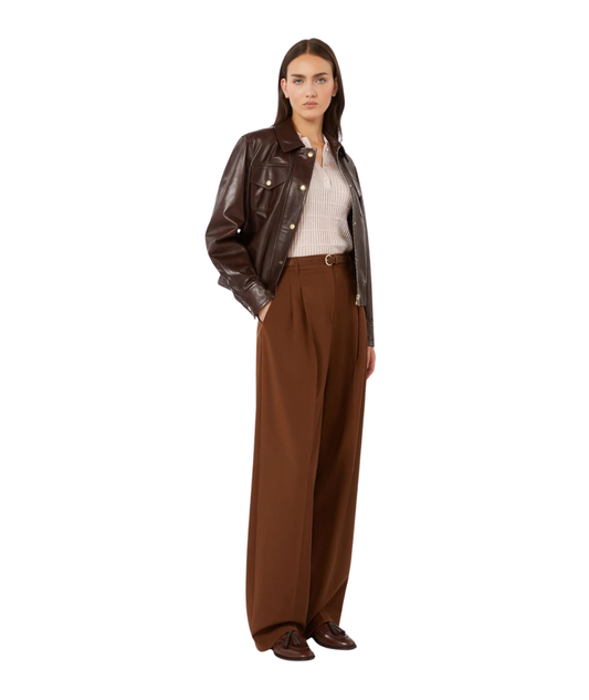 Max Mara Studio Pantalone Lungo in Lana Strech con Cintura Bacio Marrone