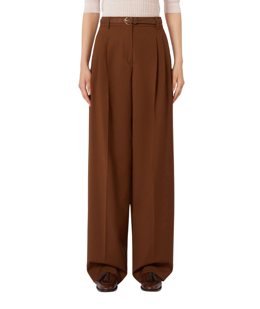 Max Mara Studio Pantalone Lungo in Lana Strech con Cintura Bacio Marrone