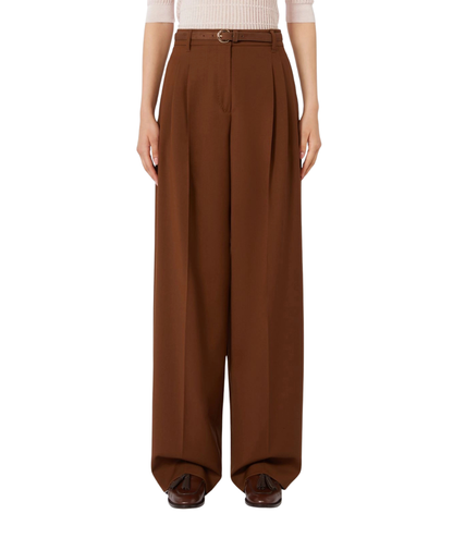 Max Mara Studio Pantalone Lungo in Lana Strech con Cintura Bacio Marrone