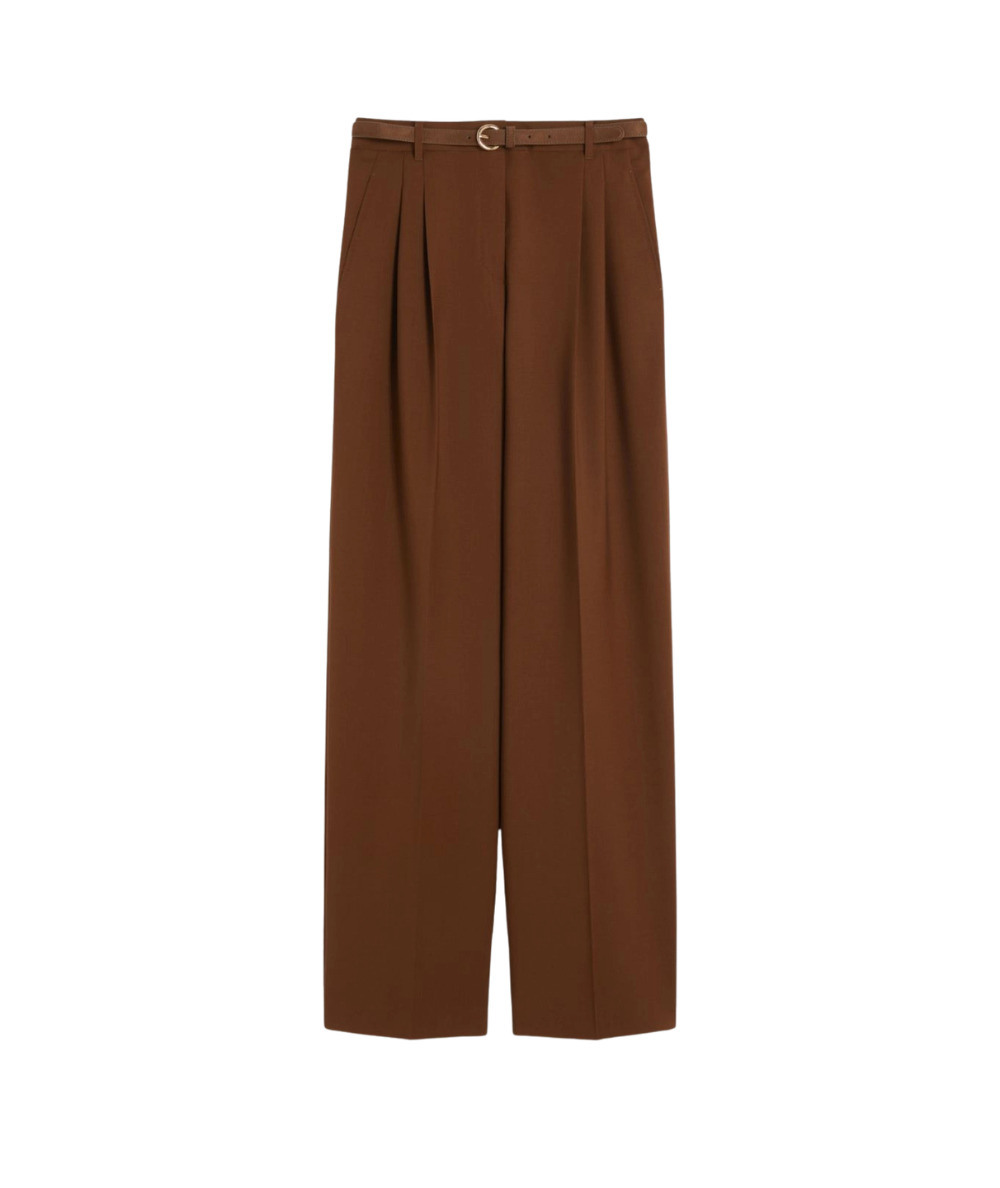 Max Mara Studio Pantalone Lungo in Lana Strech con Cintura Bacio Marrone