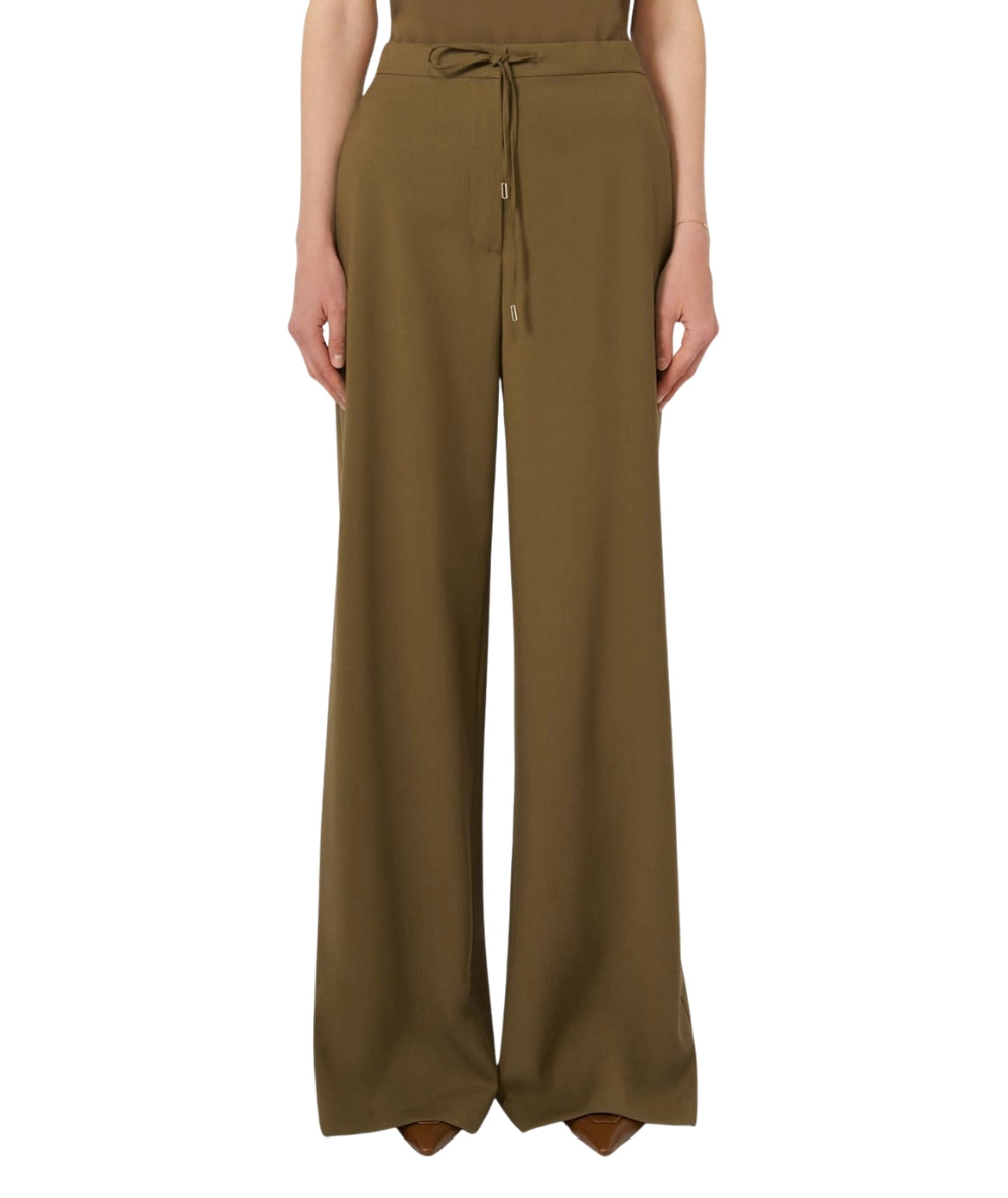 Max Mara Studio Pantalone in Tela di Lana con Coulisse Corone Verde