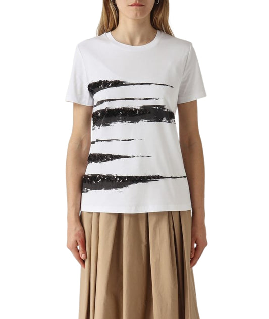 Max Mara T-shirt in Cotone con Paillettes Piacere Bianco Nero 