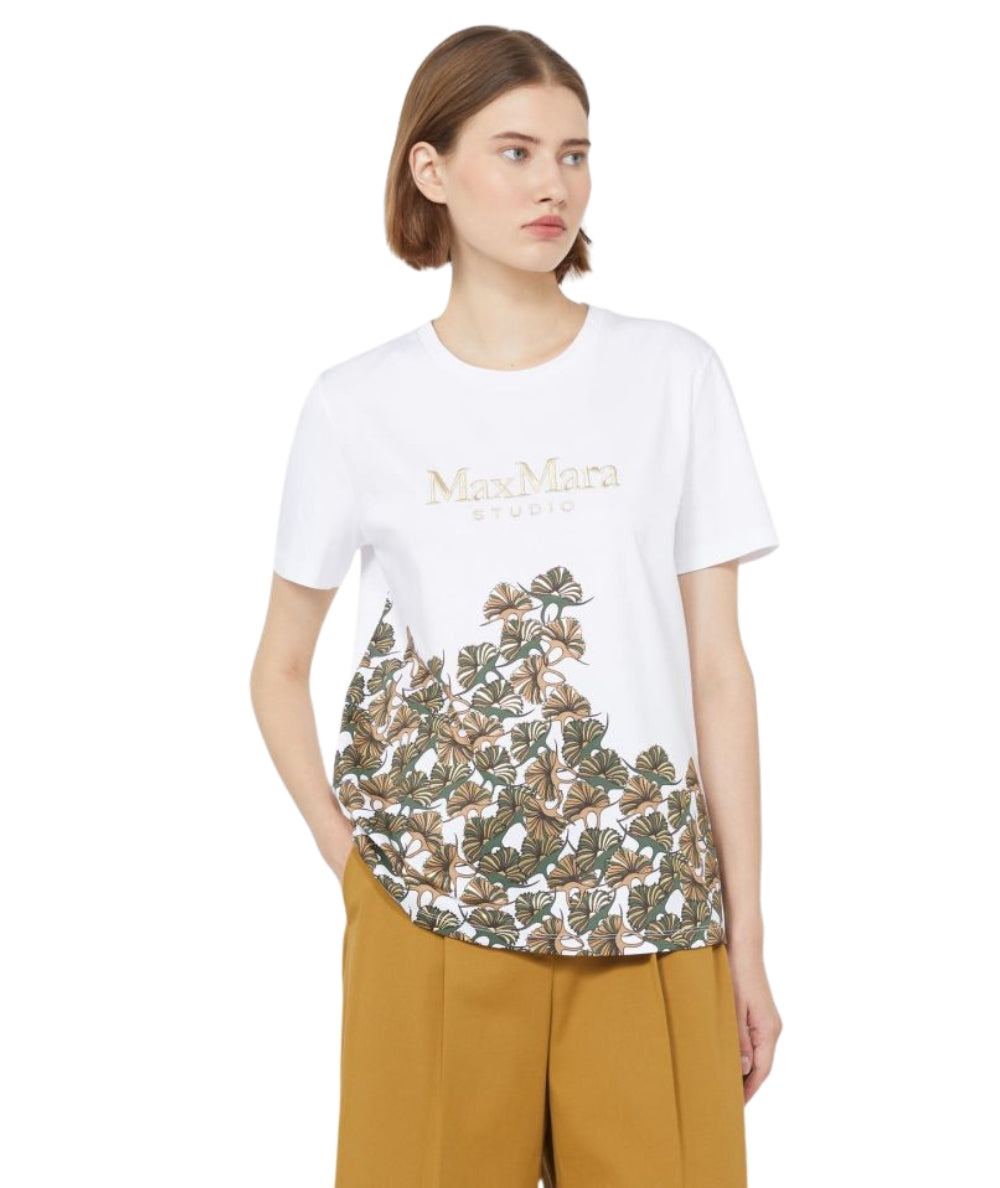 Max Mara T-shirt in Cotone con Stampa Piante Piacere Bianco