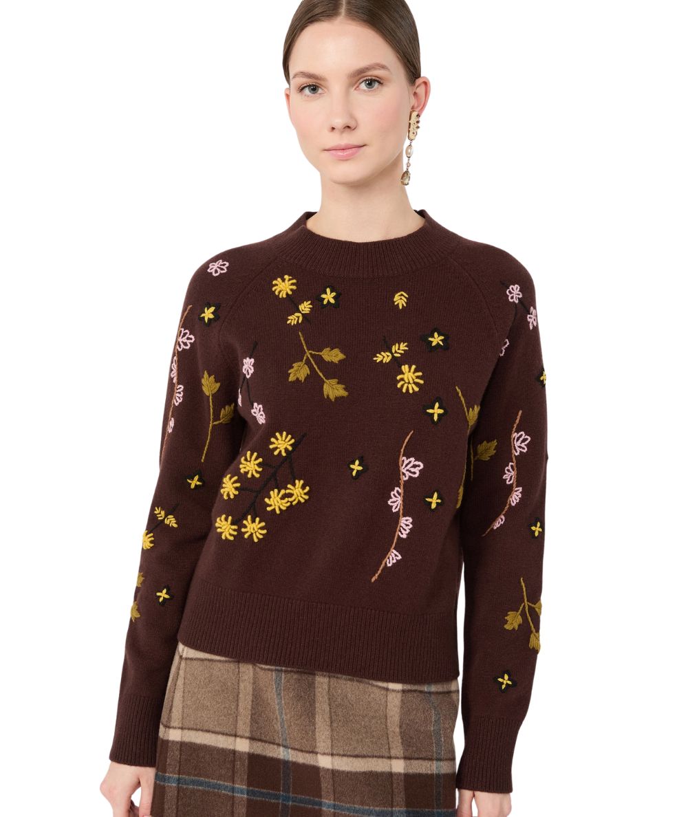 Max Mara Weekend Maglione in Lana con Ricami  RAFIA Marrone Castagna