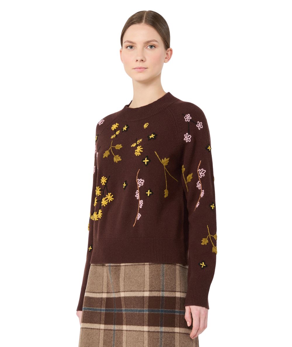 Max Mara Weekend Maglione in Lana con Ricami  RAFIA Marrone Castagna