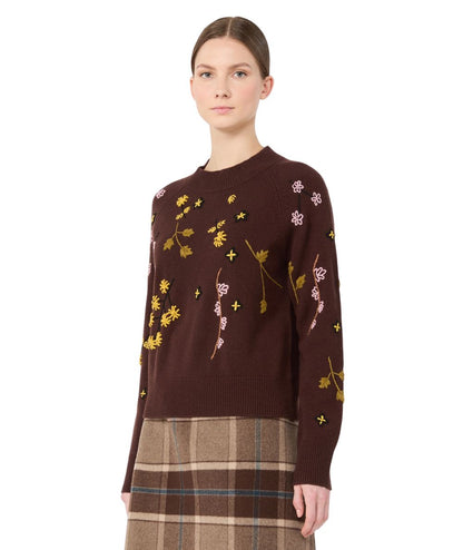 Max Mara Weekend Maglione in Lana con Ricami  RAFIA Marrone Castagna
