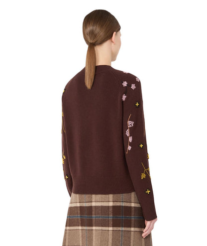 Max Mara Weekend Maglione in Lana con Ricami  RAFIA Marrone Castagna