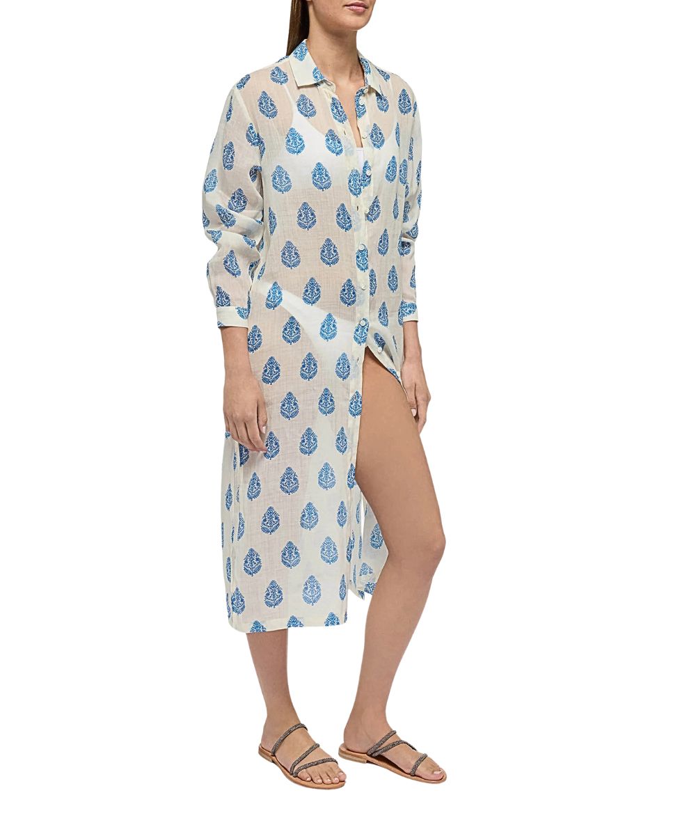 Mc2 Saint Barth Maxi Camicia In Fantasia Adeline Ramie Leaf Paisley 10 Bianco Azzurro