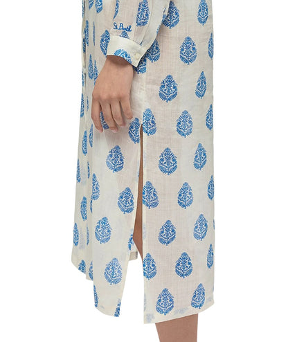 Mc2 Saint Barth Maxi Camicia In Fantasia Adeline Ramie Leaf Paisley 10 Bianco Azzurro