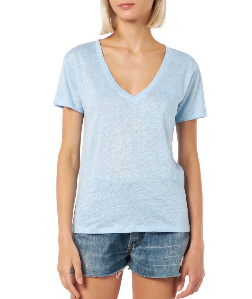 Mc2 Saint Barth T-Shirt Scollo A V In Lino Eloise Azzurro