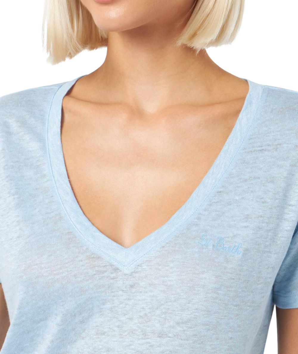Mc2 Saint Barth T-Shirt Scollo A V In Lino Eloise Azzurro