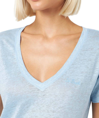 Mc2 Saint Barth T-Shirt Scollo A V In Lino Eloise Azzurro