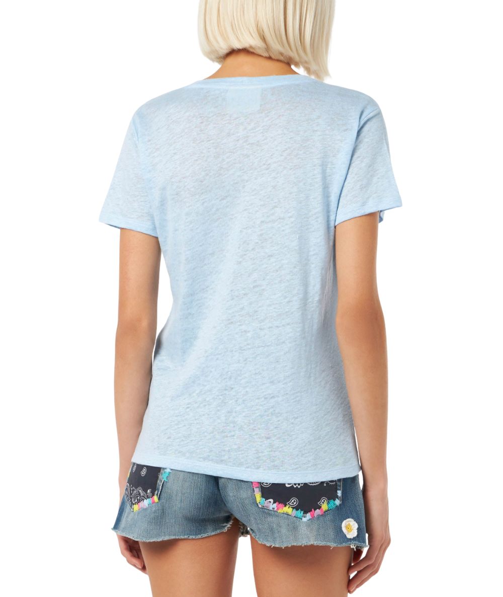 Mc2 Saint Barth T-Shirt Scollo A V In Lino Eloise Azzurro