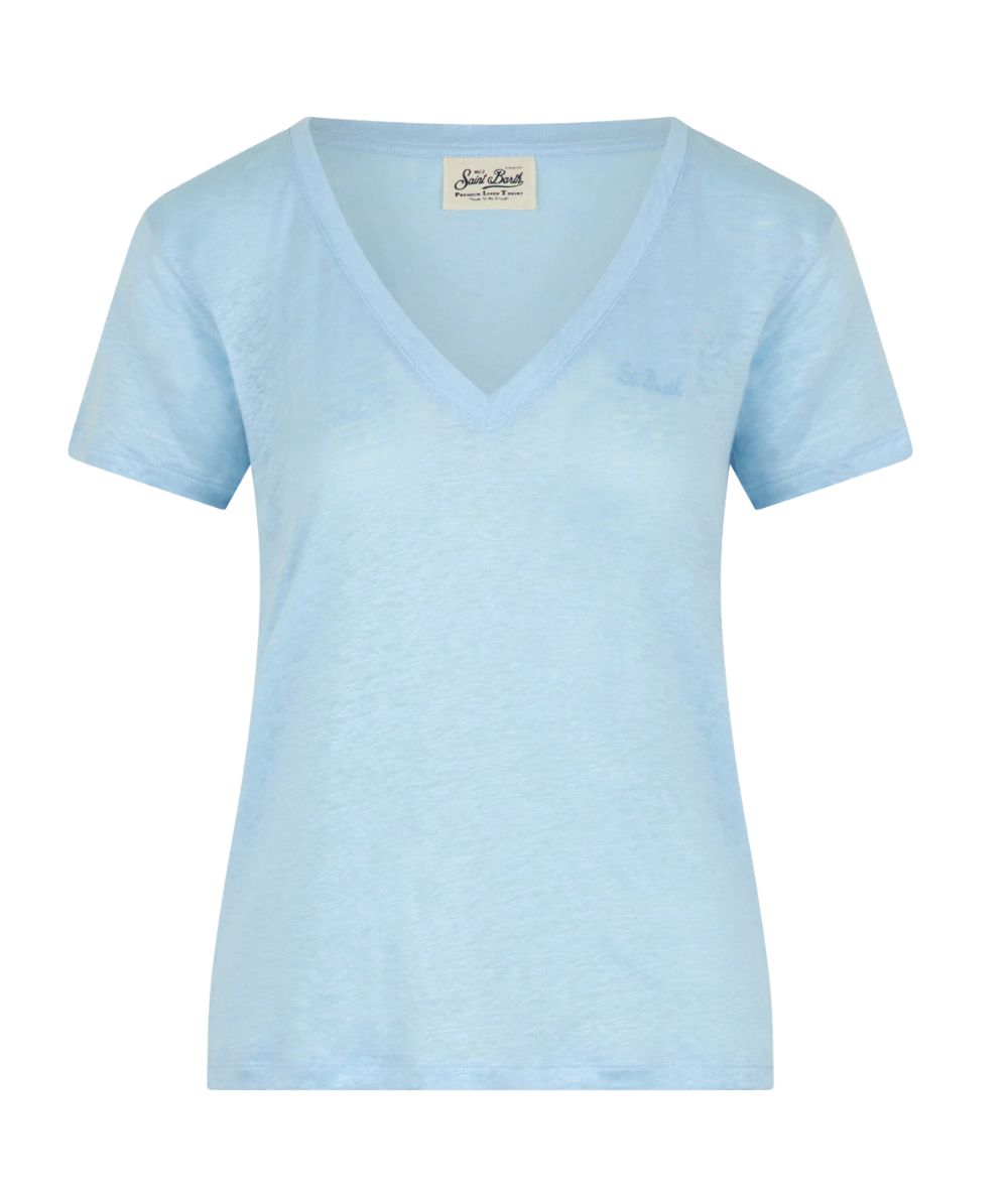 Mc2 Saint Barth T-Shirt Scollo A V In Lino Eloise Azzurro