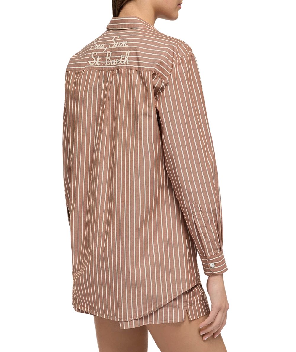 Mc2 Santh Barth Camicia Oversize a Righe con Ricami Brigitte Stripes V1810 EMB Marrone
