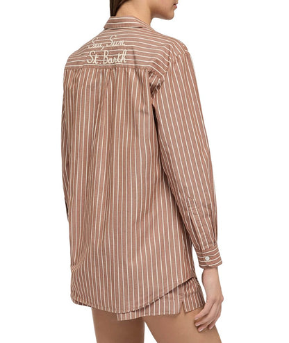 Mc2 Santh Barth Camicia Oversize a Righe con Ricami Brigitte Stripes V1810 EMB Marrone