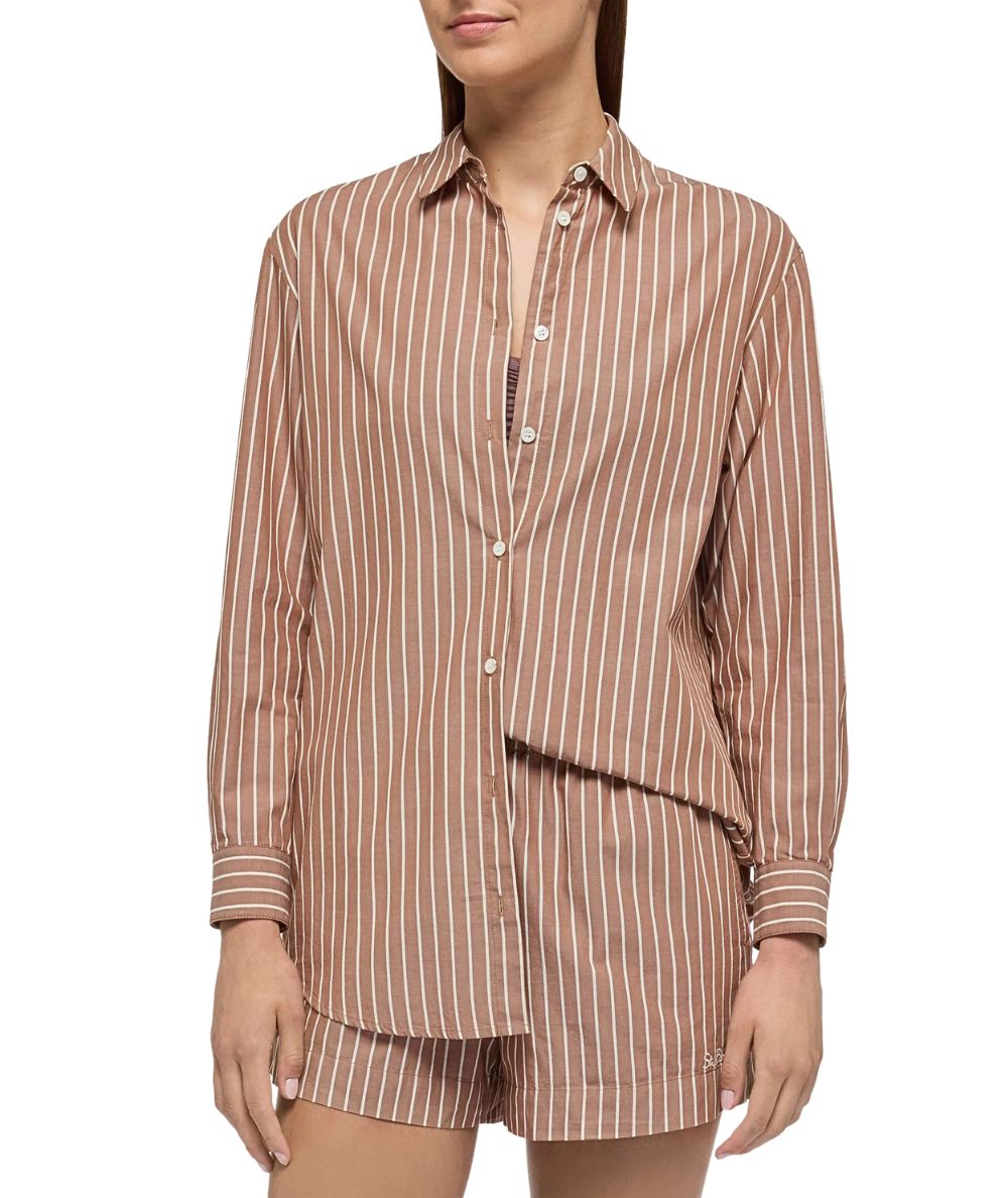Mc2 Santh Barth Camicia Oversize a Righe con Ricami Brigitte Stripes V1810 EMB Marrone