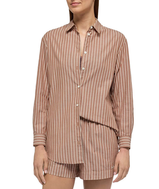 Mc2 Santh Barth Camicia Oversize a Righe con Ricami Brigitte Stripes V1810 EMB Marrone